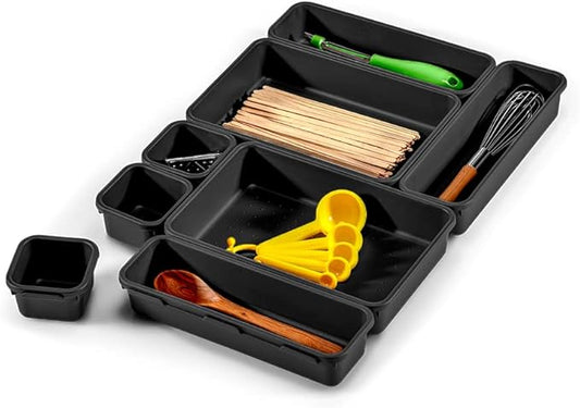 madesmart 8-Piece Interlocking Bin Pack, Customizable Drawer Organizer Set for Office Supplies, Tools, Craft Items, Durable & Easy-Clean Design, Carbon