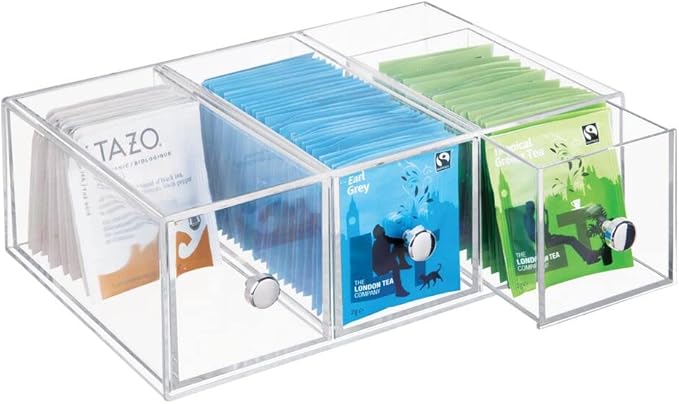 mDesign Plastic Kitchen Pantry Stackable Storage Organizer Container Station with 3 Drawers for Cabinet, Countertop, Holds Coffee, Tea, Sugar Packets, Creamers - Lumiere Collection - 2 Pack - Clear