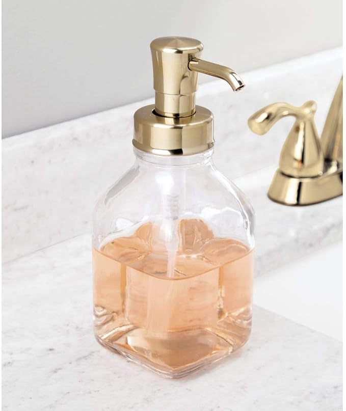 mDesign Square Glass Refillable Liquid Soap Dispenser Pump Bottle for Bathroom Vanity Countertop, Kitchen Sink - Holds Hand Soap, Dish Soap, Hand Sanitizer, Essential Oils - 2 Pack - Clear/Soft Brass