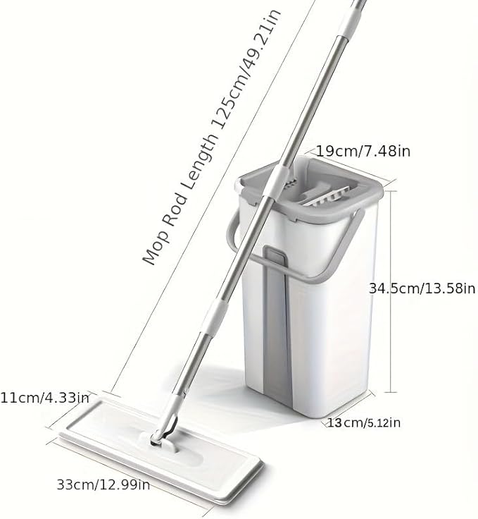Mop and Bucket Set with Wringer, Flat Mops for Floor Cleaning, Wall Mop Cleaner with Long Handle, Hardwood Floor Mop with 4 Microfiber Pads (Grayish-White)