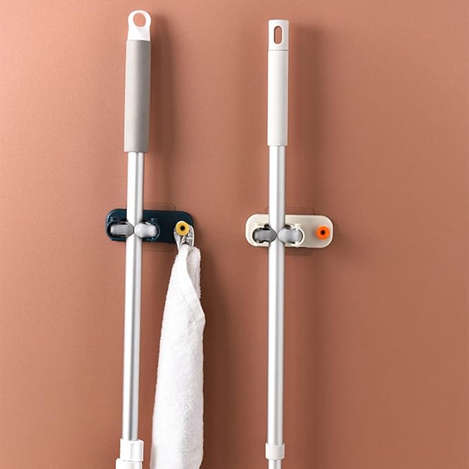 PRETYZOOM 4pcs Blue Punch Wall Mounted Mop Holder and Broom Organizer Self-adhesive Hooks for Bathroom Kitchen and Garage Storage