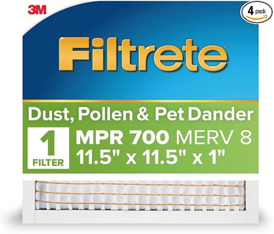 Filtrete 11.5x11.5x1 AC Furnace Air Filter, MERV 8, MPR 700, Tough on Pollen, Easy on Airflow, 3-Month Pleated 1-Inch Electrostatic Air Cleaning Filter, 4-Pack (Actual Size 11.19 x 11.19 x 0.81 in)