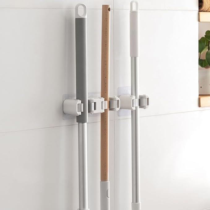 Broom Holder Wall Mount Mop and Command Broom Hanger Organizer Wall Mount Self Adhesive (Double clip)