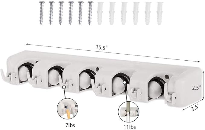 C-CHAIN Mop and Broom Holder, 5 Position with 6 Hooks Garage Storage Holds up to 11 Tools, Multipurpose Wall Mounted Tool Rack Organizer for Kitchen Garage