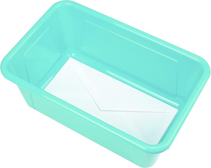Storex Small Cubby Bins – Plastic Storage Containers for Classroom with Non-Snap Lid, 12.2 x 7.8 x 5.1 inches, Teal, (62412U05C) (Pack of 5)