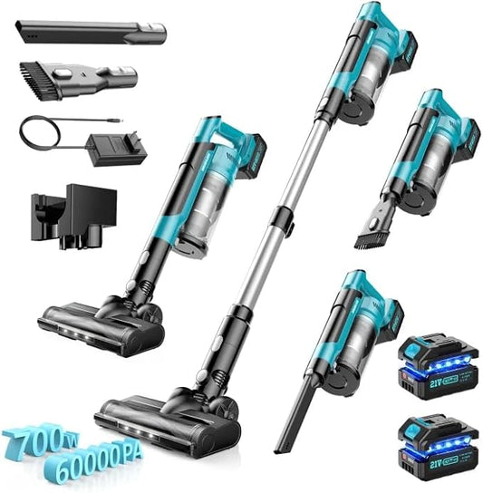 Cordless Vacuum Cleaner with 2 * 4000mAh Batteries, 700W 60Kpa Vacuum Cleaners for Home, 6 in 1 Cordless Stick Vacuum Clearner, Brushless Motor with Led Display for Hard Floors Carpet Pet Hair