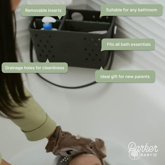 Parker Baby Bath Caddy | BPA Free & Food Grade Shower Caddy Organizer for Toys & Supplies | Quick-Dry, Sturdy & Perfect Size Shower Basket w/Handle in Neutral Colors