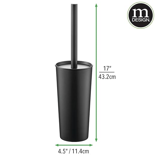 mDesign Metal Freestanding Slim Toilet Bowl Brush and Holder + Rectangle Narrow 5 Liter / 1.3 Gallon Step Pedal Trash Can Wastebasket for Bathroom - Small, Compact Design - Set of 2 - Black