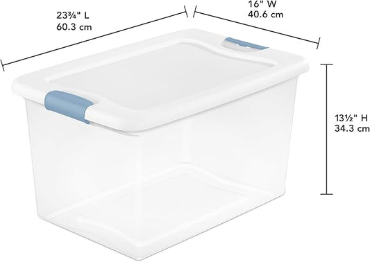 Sterilite 4 Pack Latching Box, 64 Qt Plastic Storage Container, Stackable Large Home or Office Tote Organizers with Secure Lids, White