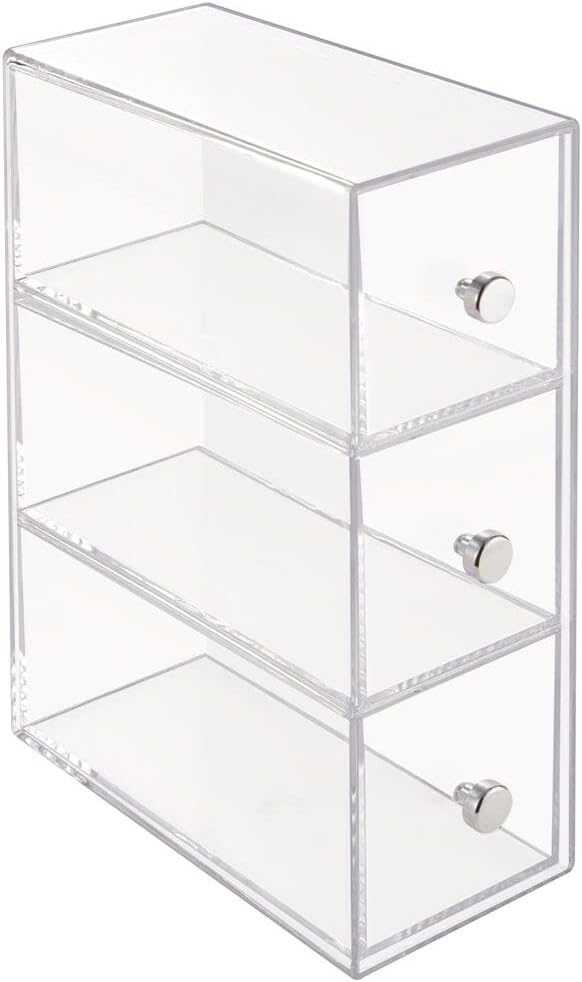 mDesign Plastic Kitchen Pantry Stackable Storage Organizer Container Station with 3 Drawers for Cabinet, Countertop, Holds Coffee, Tea, Sugar Packets, Creamers - Lumiere Collection - 2 Pack - Clear