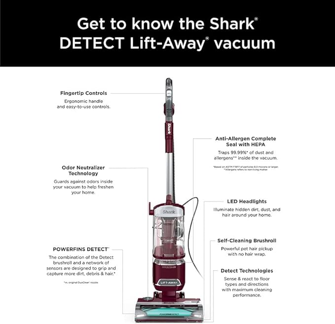Shark DETECT Lift-Away Corded Upright Vacuum with Detect Technology, Self-Cleaning Brushroll for No Hair Wrap, Anti-Allergen Complete Seal, and Odor Neutralizer Technology, Burgundy, LA492