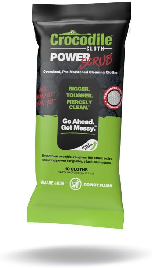 Crocodile Cloth PowerSCRUB Cleaning Wipes – 10 (15" x 10") Dual-Surface Cloths, Heavy-Duty, Moist, Absorbent, & Disposable - Safe on Skin & Multiple Surfaces