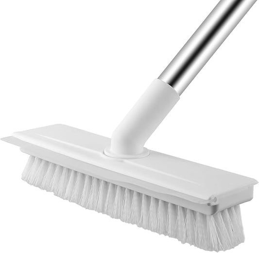 Floor Scrub Brush with Long Handle, 2 in 1 Scrape Brush Stiff Bristle Floor Scrubber for Cleaning Shower Bathroom Garage Kitchen Wall Deck Tub Tile (White, 1 Pack)