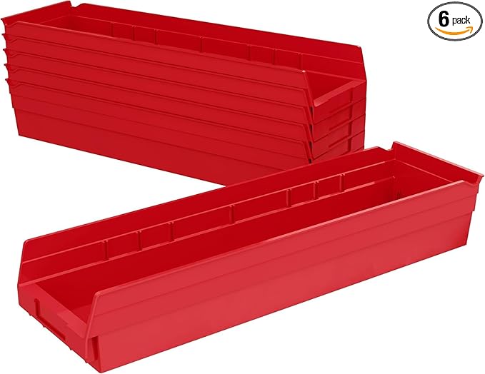 Akro-Mils 30164 Plastic Shelf Bins, Heavy Duty Storage Bins for Garage, Closet, and Drawer Organization, 24-Inch x 6-1/2-Inch x 4-Inch, Red, 6-Pack