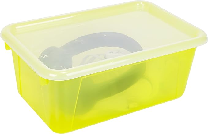 Storex Small Cubby Bins – Plastic Storage Containers for Classroom with Non-Snap Lid, 12.2 x 7.8 x 5.1 inches, Tint Yellow, 5-Pack (62482U05C)