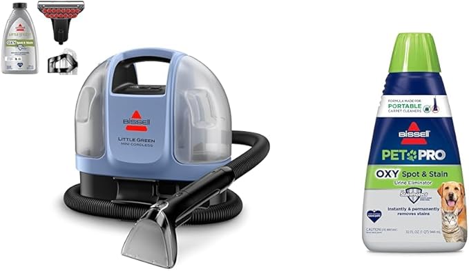 BISSELL Little Green Mini Cordless Portable Carpet and Upholstery Deep Cleaner, 4015L + BISSELL® PET PRO OXY Spot & Stain Formula for Portable Carpet Cleaners, 32 oz., 2034