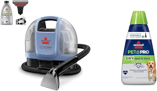 BISSELL Little Green Mini Cordless Portable Carpet and Upholstery Deep Cleaner, 4015L + BISSELL® PET PRO OXY Spot & Stain Formula for Portable Carpet Cleaners, 32 oz., 2034