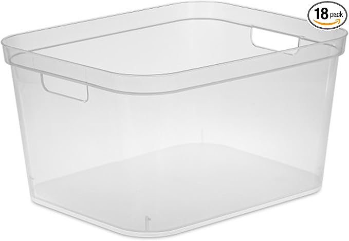 Sterilite 8.25x12.25x15 Inch Modern Polished Storage Bin w/Comfortable Carry Through Handles & Banded Rim for Household Organization, Clear (18 Pack)