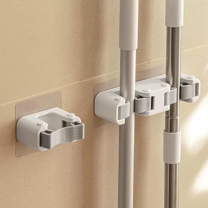 Broom Holder Wall Mount Mop and Command Broom Hanger Organizer Wall Mount Self Adhesive (Double clip)