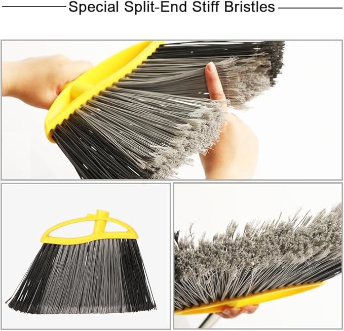 Broom and Dustpan Set, Outdoor Heavy Duty Broom with Stainless Steel Dustpan,Stiff Bristles Broom and Metal Dust Pan for Home