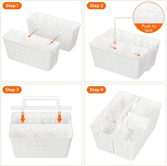 Lifewit Shower Caddy Portable, Plastic Bathroom Organizer with Handle and Holes, Hard Cleaning Basket for Toiletry Storage, College Dorm Essentials, White, 2 Packs