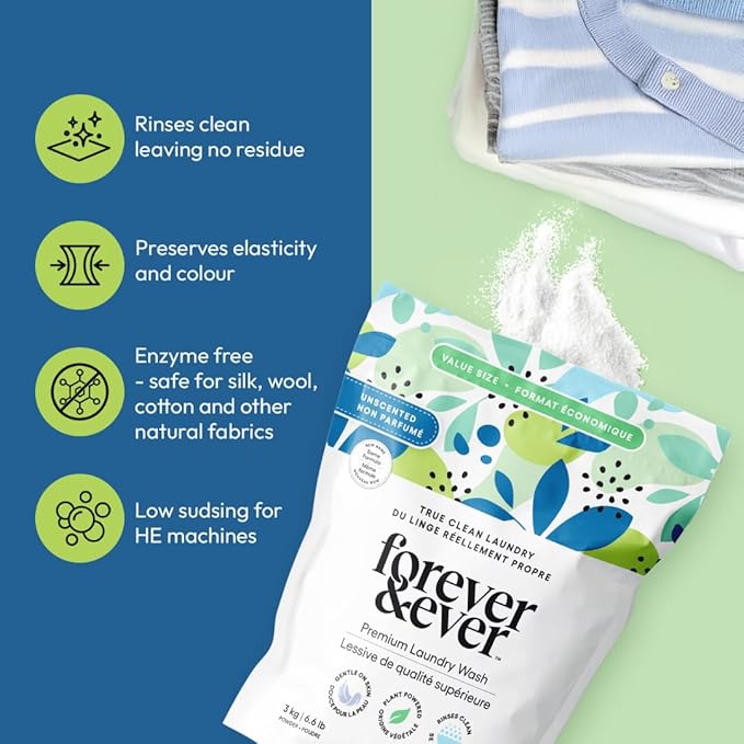 All Natural Laundry Detergent Powder, Unscented Powder Laundry Detergent, Fragrance Free, Organic, Biodegradable, High Efficiency Compatible Washing, Eco Friendly Premium Wash, 6.6lbs