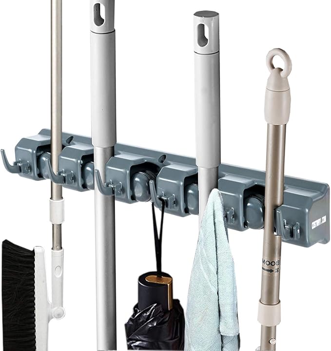 Tangkula Wall Mount Mop Broom Holder, Hanging Broom Organizer w/ 5 Slots & 6 Hooks, Home Storage Organizer Rack, Hanging Utility Rack for Home, Kitchen, Garage, Laundry (Dark Grey)