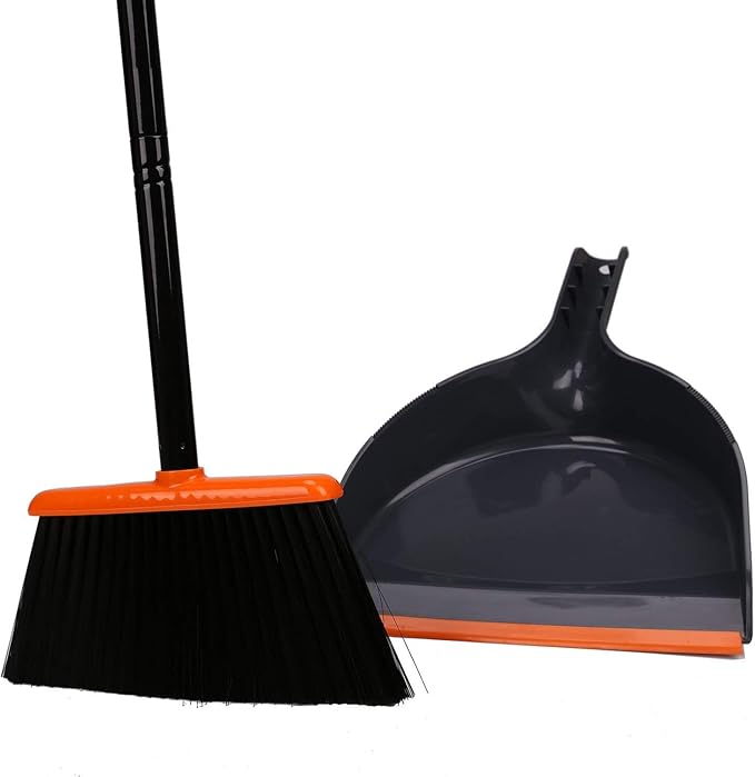 TreeLen Angle Broom and Dustpan Set, Dust Pan Snaps On Broom Handles Orange