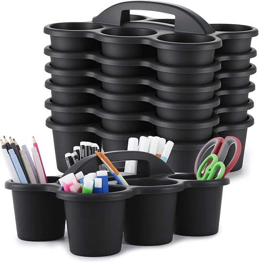 6 Pack Classroom Caddy with Handle Plastic Storage Caddy Organizer with 6 Compartments Drink Cup Caddies Holder Portable Storage Bin for Pencil, Crayon, Marker, Home, Office, School Supplies(Black)