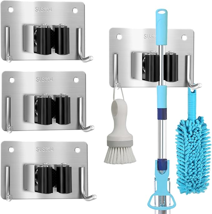 Mop and Broom Holder Wall Mount Stainless Steel 304 Tool Garage Organization Rack Scew and Self Adhesive Broom Hanger Heavy Duty 4pcs