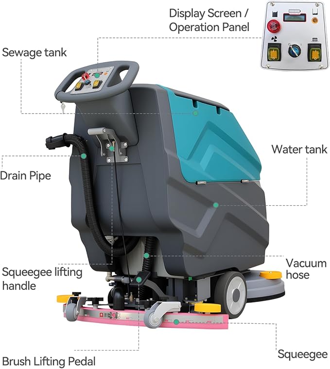 Walk Behind Floor Scrubber Machine, 22" Cleaning Width, 31.5" Suction Width, 18.5-gal Tank, 32000 Sqft/h, Commercial Floor Scrubber for School and Shop, Complete Set of Parts