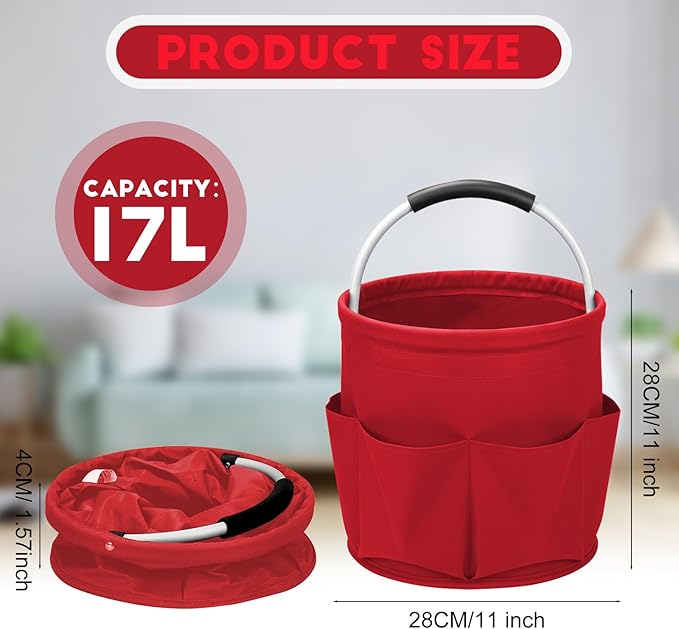 Cleaning Caddy for Cleaning Supplies,17L Cleaning Supply Caddy with Handle Foldable Cleaning Supplies Organizer Bucket Cleaning Products Organizers for Home, Garden (Red)