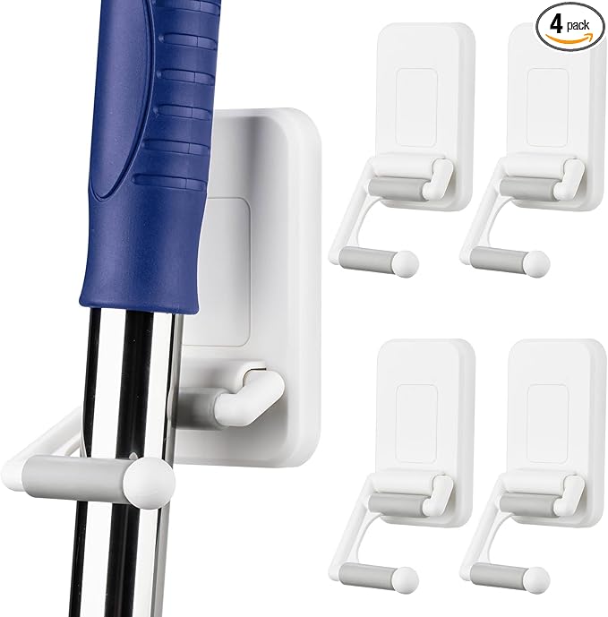NiHome Multi-Use Wall Mounted Mop Holders 4PCS for Mops, Brooms, Tools, Umbrellas, Kitchen & Bathroom Supplies, Space-Saving Broom Holder with 180° Rotating Design, Self-Adhesive No-Drill Installation