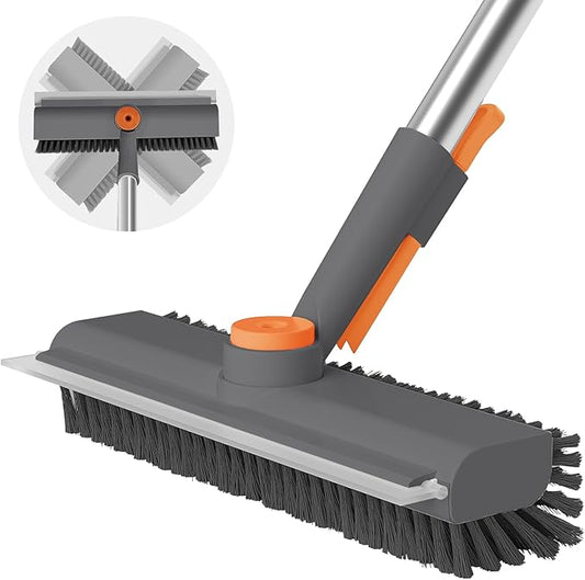 Floor Scrub Brush with Long Handle, 3 in 1 Scrape and Heavy-Duty Stiff Bristle Scrubber Brush for Cleaning Shower Bathroom, Patio, Pool, Garage, Kitchen, Wall and Deck (Gray, 1 Pack)