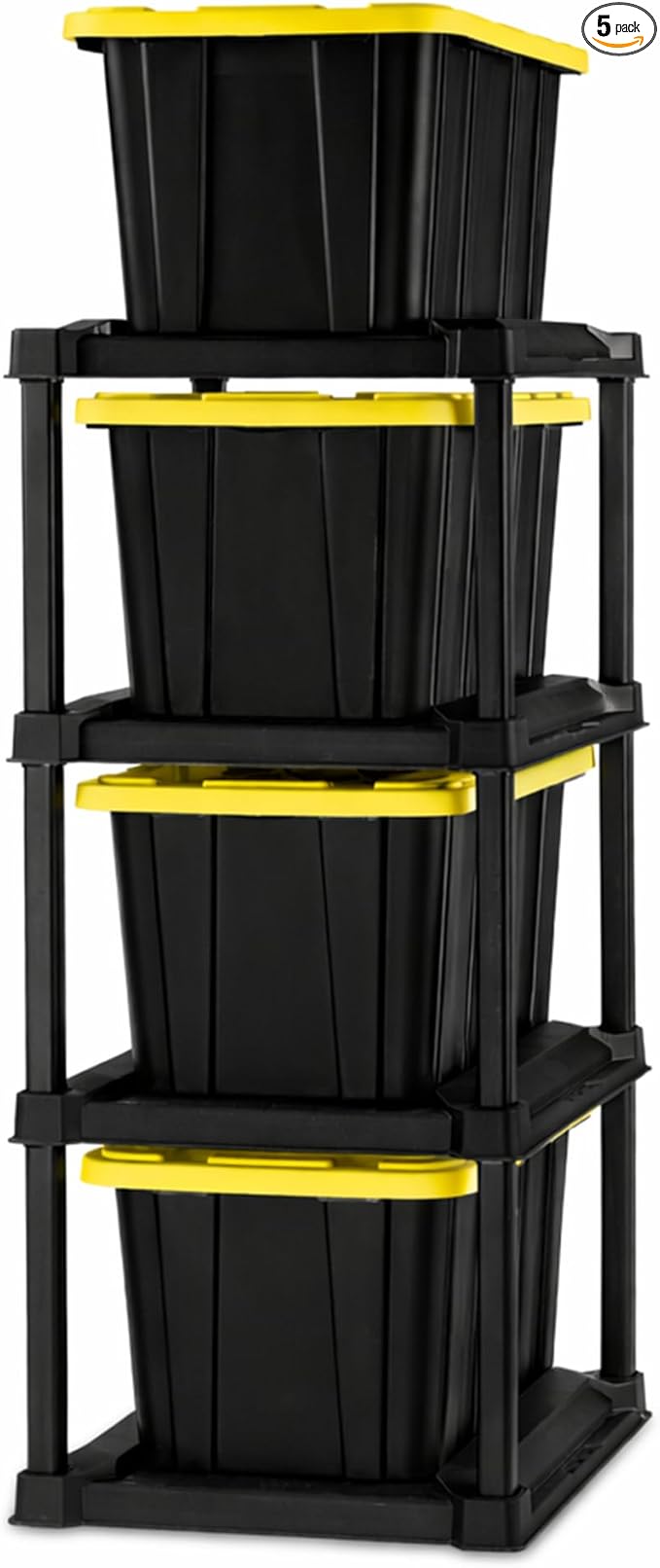Sterilite 4 Tier Tote Rack, Vertical Plastic Organizer with 4 Pack 27 Gallon Industrial Storage Totes, Black - for Garages, Workshops, or Basements