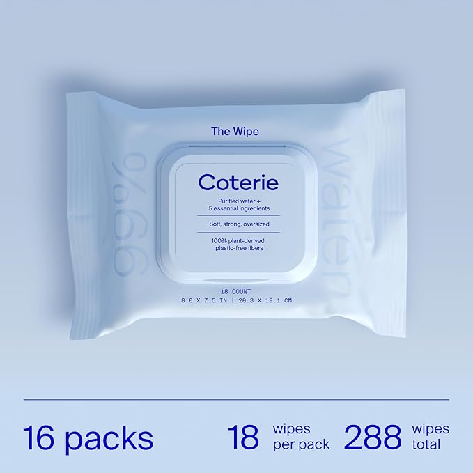 Coterie Baby Travel Size Wipes for Sensitive Skin, Plant-Based and Plastic-Free Fibers, 99% Water, Hypoallergenic, pH Balanced, Unscented, Clean and Gentle Baby Essentials, 16 Travel Packs, 288 Count