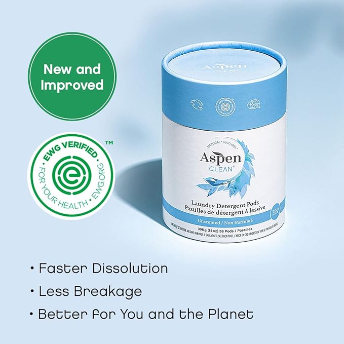 Unscented Laundry Pods by AspenClean, New and Improved Packaging, Zero Plastic, Non-Bio, Vegan, Hypoallergenic Natural Laundry Detergent, EWG Verified™ - 36 Count (3 Pack)