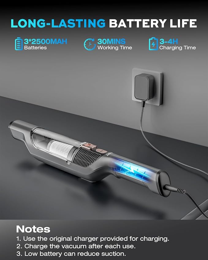 Zefiro Compact Powerful Cordless Handheld Vacuum, Rechargeable Portable Car Vacuum for Car & Pet Hair, XL Dust Cup, 25Kpa High Suction, Long Runtime, 2 Brushes, 2 Filters