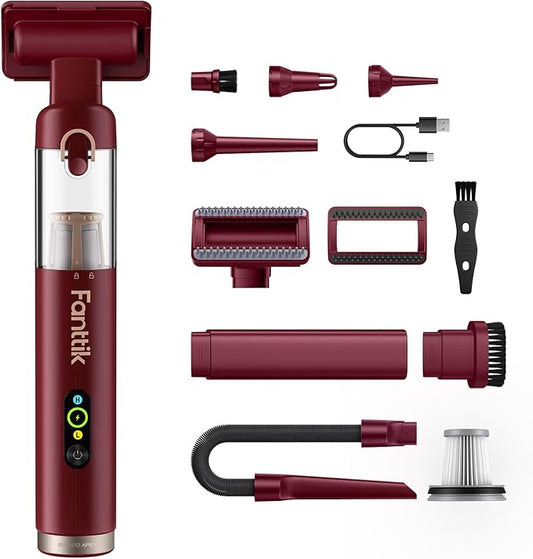 Fanttik Slim V10 APEX Cordless Car Vacuum, 4-in-1 Portable Mini Handheld Vac, 19kPa Suction Power, Upgraded Smart Digital Display, 2 Suction Modes for Small Jobs, Car, Office Desk, Keyboards (Red)