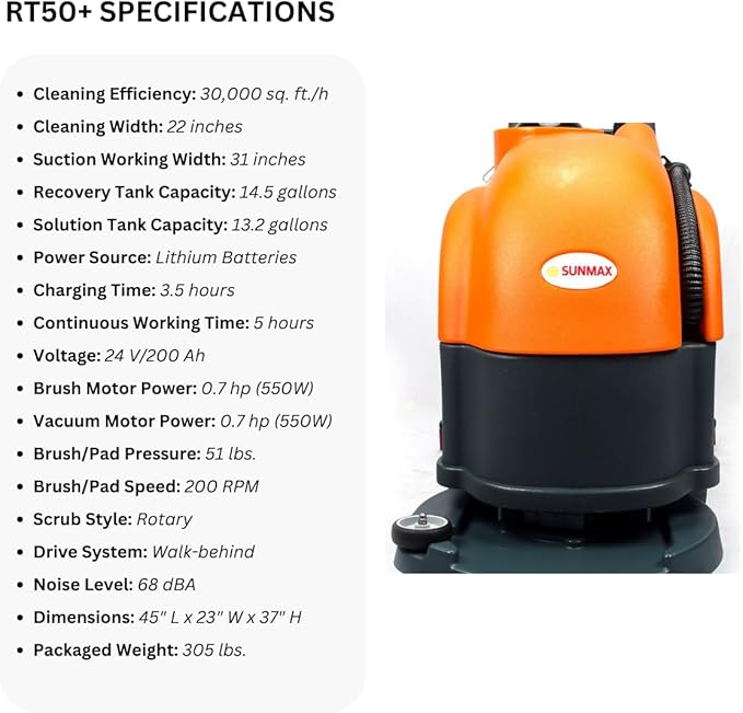 RT50+ 22" Width Floor Scrubber Dryer Machine, 13.2/14.5-gal Dual Tanks, 30,000 sqft/h, Lithium Battery, 3.5 hours Fast Charging