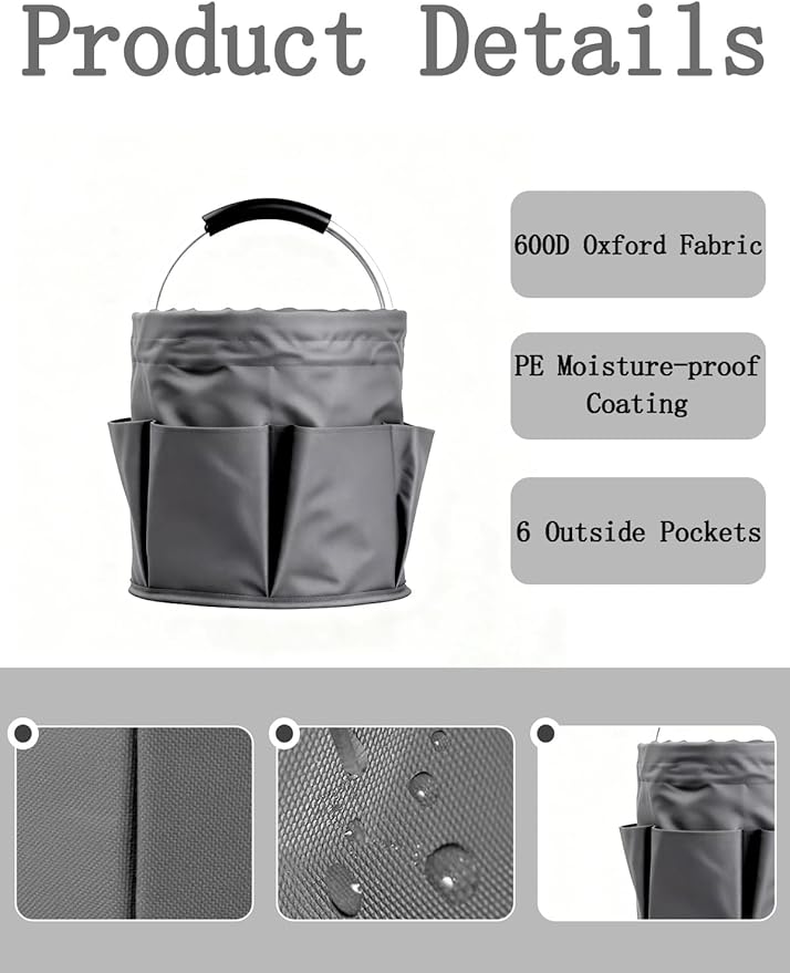 Cleaning Caddy with Handle, Cleaning Products Organiser, Foldable Storage Basket, Large Supply Organiser 17L with 6 Pockets, Portable Cleaning Caddy for Home & Garden (Dark Grey)