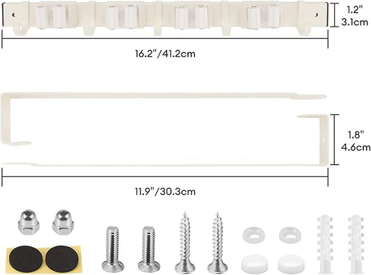 Over Door Movable Broom and Mop Hanging Holder with Sliding 4 Rack 5 Hook, Metal Mop and Broom Holder Wall Mount with 2 Over Door Hook, Door Mount Storage Organizer for Closet Garage Laundry, White