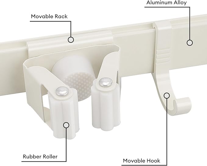 Over Door Movable Broom and Mop Hanging Holder with Sliding 4 Rack 5 Hook, Metal Mop and Broom Holder Wall Mount with 2 Over Door Hook, Door Mount Storage Organizer for Closet Garage Laundry, White
