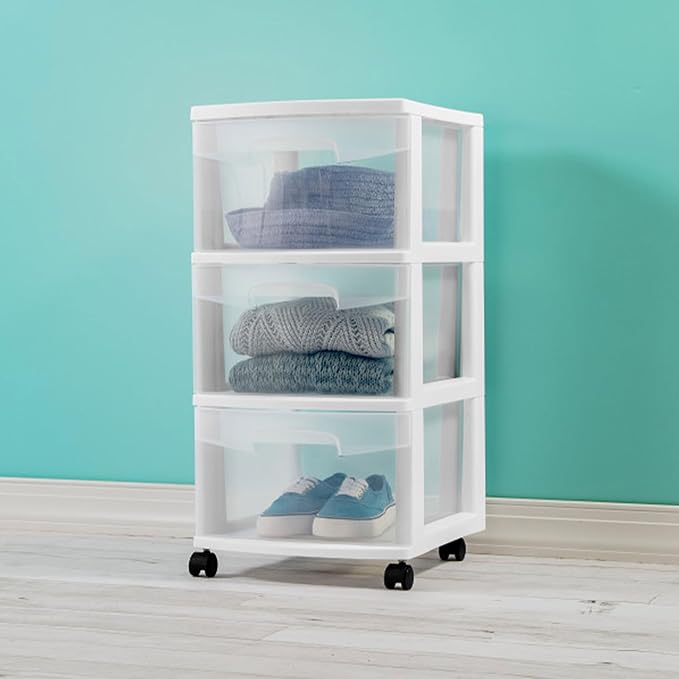Sterilite 4 Pack Plastic Storage Organizer, 3 Drawer Rolling Bin Cart, Closet Organization, White