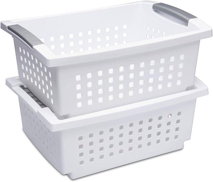 Sterilite Stackable Storage Bin and Organization Basket with Flip Down Accent Rails for Home and Household Organization, Medium, White (20 Pack)