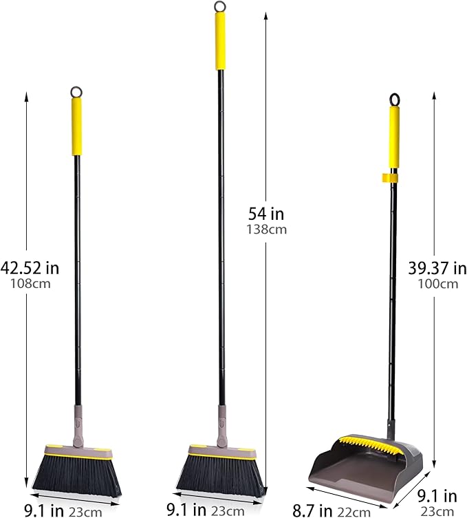 JEHONN Broom with Dustpan Combo Set, Long Handle Lightweight 180 Degree Rotating Sweeping Brush Indoor, Upright Standing Dust Pan with Comb Teeth for Home Room Kitchen Office Lobby (Brown Yellow)