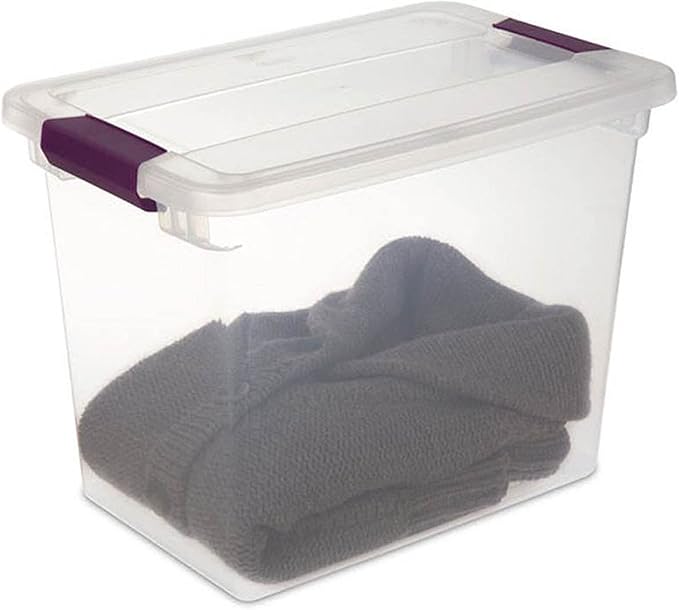 Sterilite 27 Quart Clear Latch Lid Stackable Storage Box Tote, 6 Pack, and Medium Clear Latch Lid File Clip Box, 4 Pack for Household Organization