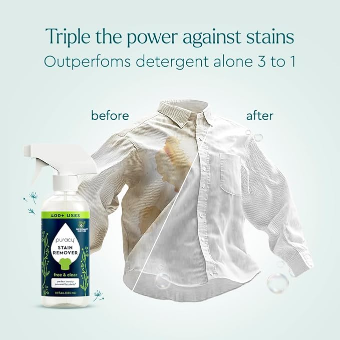 Puracy Stain Remover, Travel and Laundry Stain Cleaner for Clothes, Baby Essentials, Kids Stains, Oil and Fabric Spot Cleaner, Unscented (Stain Remover Spray, 12 fl oz)