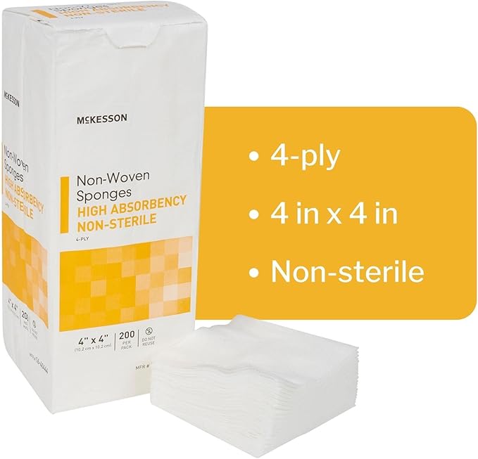 McKesson Non-Woven Sponges, Non-Sterile, 4-Ply, High Absorbency, Polyester/Rayon, 4 in x 4 in, 200 per Pack, 10 Packs, 2000 Total