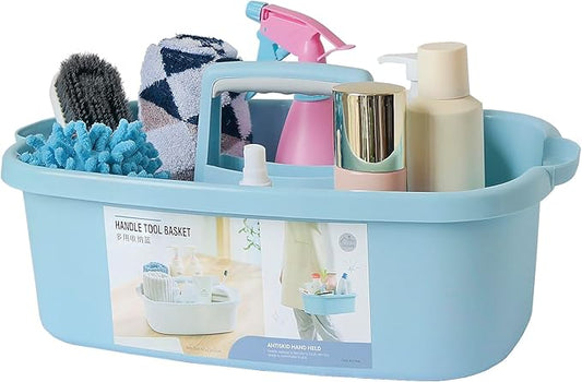Cleaning Supplies Organizer, Large Cleaning Supply Caddy with Handle, Portable Cleaning Tool Storage Tote for Dorm, Bath, Pantry (Blue)